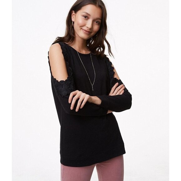 Loft Sz S Black Lace Embroidered Cold Shoulder Light Sweatshirt Top Blouse Women - Picture 12 of 12